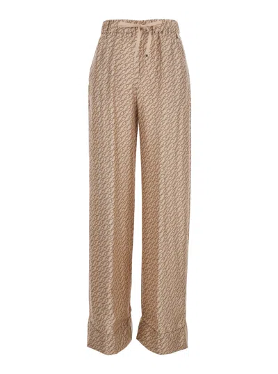 Herno Women Beige Silk Pants With Elastic Drawstring Waist And All-over Print Woman In Brown