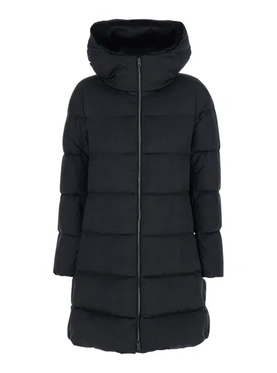 Herno Women Black Down Jacket With Fixed Hood And Quilted Design In Tech Fabric Woman In Blue