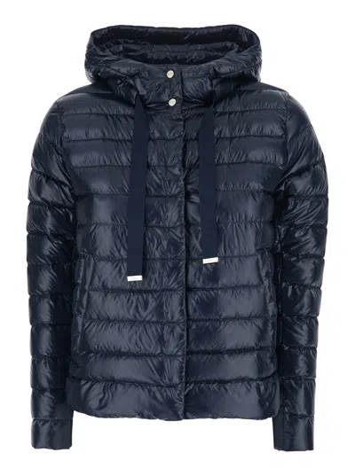 Herno Women Blue Down Jacket With Drawstring Hood And Logo Detail On The Drawstring In Tech Fabric W