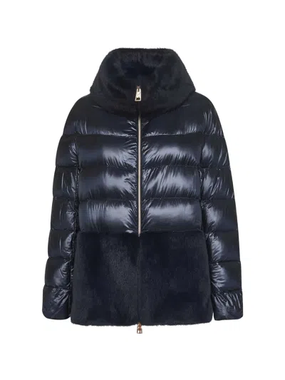 Herno Women Blue Ultralight Nylon And Lady Alternative Fur Cape