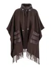 Herno Women Brown Cape With Drawstring Collar And Fringed Hem In Tech Fabric Woman In Brown