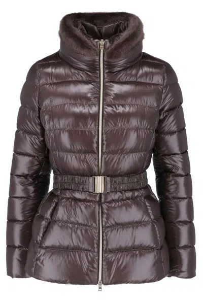 Herno High Neck Belted Puffer Jacket In Brown