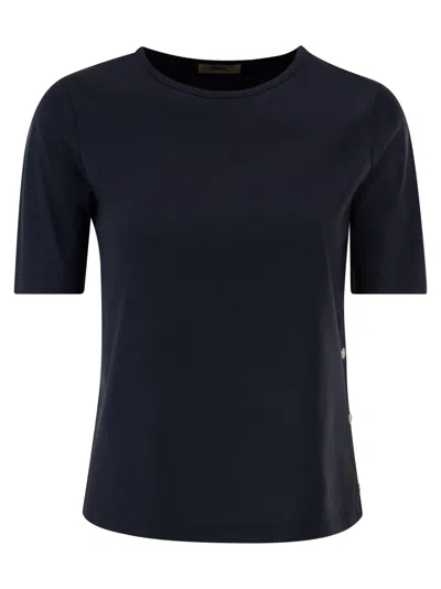 Herno Women Cotton T-shirt With Logo Buttons On The Sides In Blue