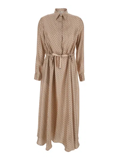 Herno Women Dress With Classic Collar And All-over Print In Silk Woman In Brown