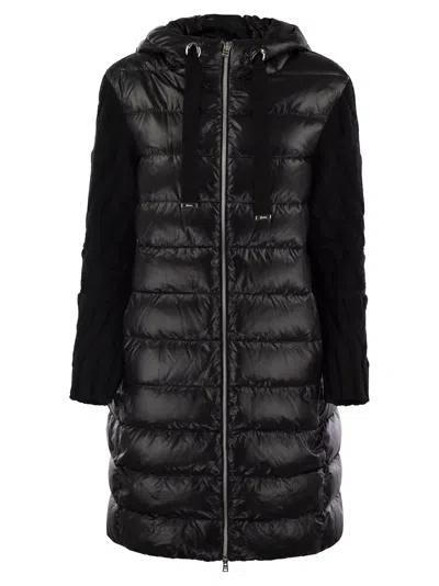 Herno Women Long Down Jacket With Wool Sleeves In Black