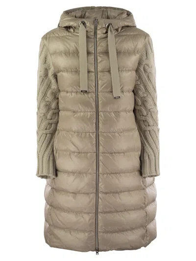 Herno Elegant Long Down Jacket With Wool-textured Sleeves In Beige