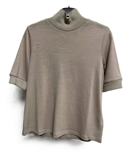 Herno Women's Lurex Mockkneck Short Sleeve Sweater In Bisque With Lurex Metalic Neck And Sleeve Cuffs In Brown