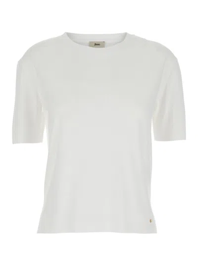 Herno White Crewneck T-shirt With Logo Plaque On The Front In Cotton Blend Woman