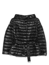 Herno Belted Waist Hooded Long Quilted Shiny Jacket In Black