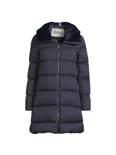 Herno Women's Quilted Faux Fur-trim A-line Coat In Blue