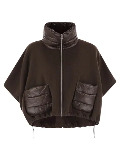Herno Women Resort Poncho In Wool And Cashemre With Ultralight Nylon Details In Brown