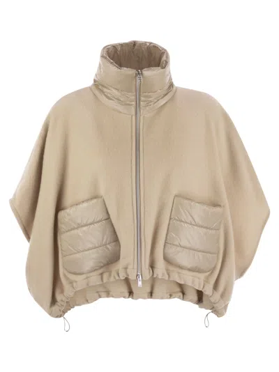 Herno Women Resort Poncho In Wool And Cashemre With Ultralight Nylon Details In White