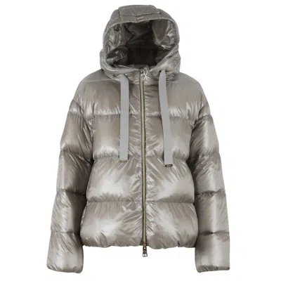 Herno Women's Short Hooded Puffer Jacket Coat Down Fill In Gray In Gold