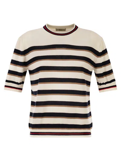 Herno Women Short-sleeved Striped Cotton Jumper In Neutral