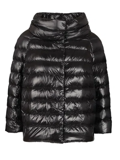 Herno Cropped Black Puffer Jacket With High Collar In Animal Print