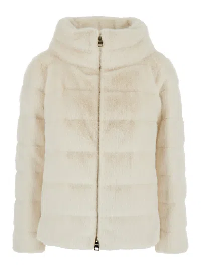 Herno Women White Quilted Down Jacket With Front Zip Closure In Ecofur Woman In Brown