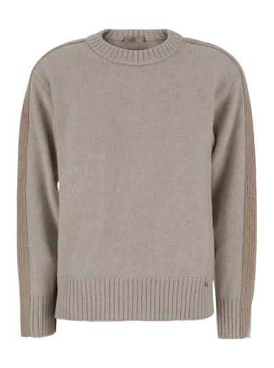 Herno Wool Crewneck Sweater With Front Logo Patch And Ribbed Finish In Neutral