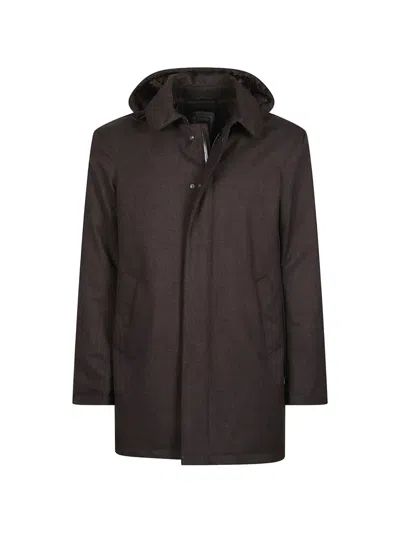 Herno Hooded Wool-blend Medium Down Jacket In Brown