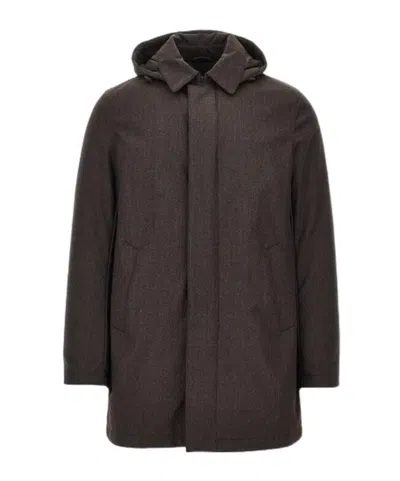 Herno Technical Wool-blend Hooded Coat In Brown