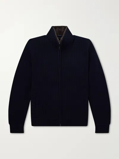 Herno Pure Wool Knit Jacket With High Collar And Faux Fur Lining In Multi