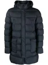 Herno Long Quilted Down Jacket With Hood And Flap Pockets In Blue