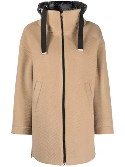 Herno Hooded Coat In Beige Virgin Wool In Brown
