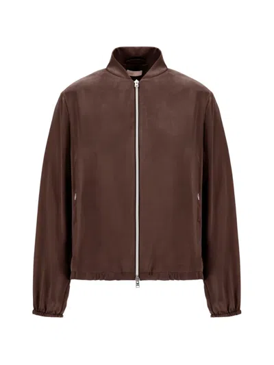 Herno Zip Up Satin Jacket In Brown
