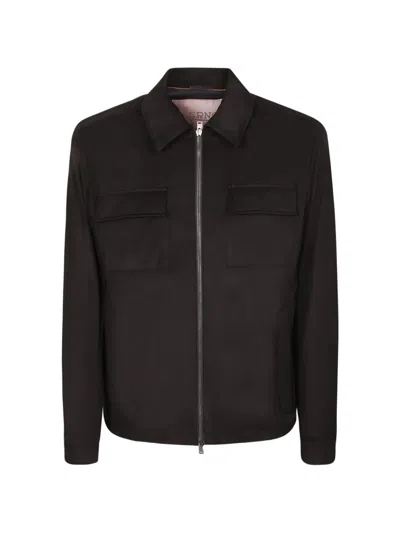 Herno Zip-up Chest-pocket Overshirt In Black