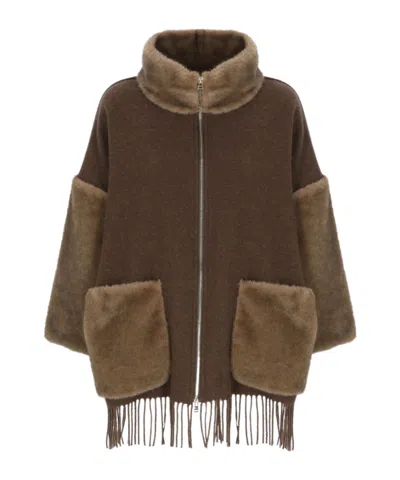 Herno Zip-up Trimmed Cape In Brown