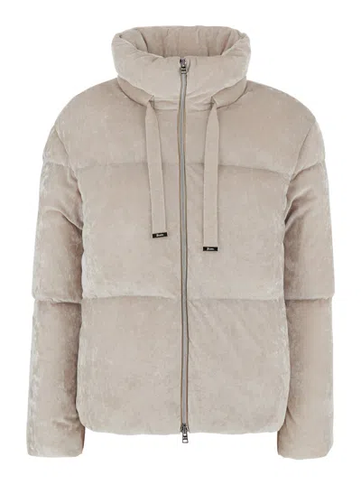 Herno -inspired Velvet-effect Down Jacket With High Collar And Drawstring In Neutral