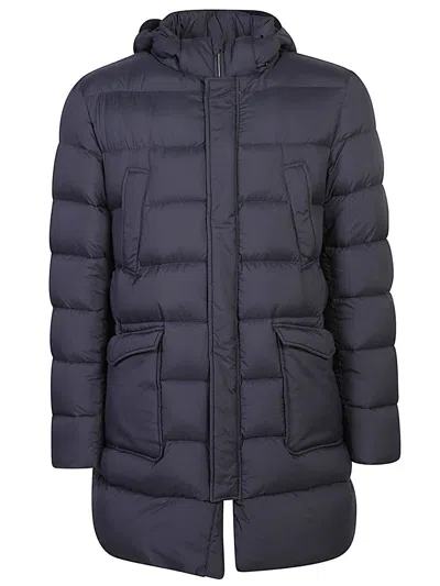 Herno Padded Hooded Coat With Dual Front Pockets And Sleek Design In Blue