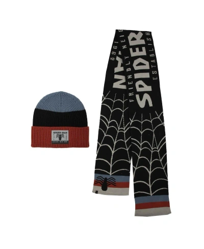 Heroes & Villains Men's And Women's  Black Spider-man Scarf & Cuffed Knit Hat Set
