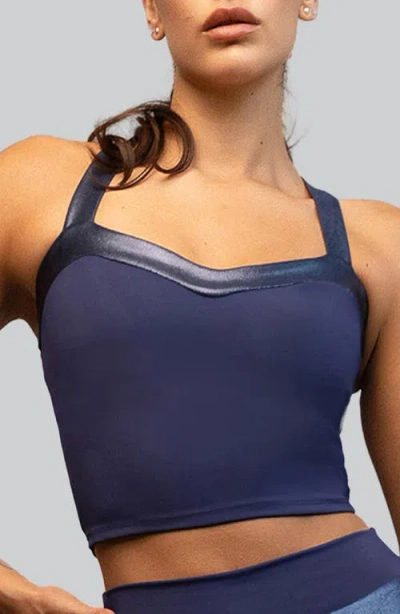 Heroine Sport Nova Metallic Trim Longline Sports Bra In Blue