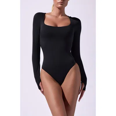 Heroine Sport Square Neck Long Sleeve Bodysuit In Black
