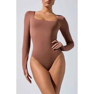 Heroine Sport Square Neck Long Sleeve Bodysuit In Purple