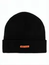 Heron Preston Black Wool Beanie With Folded Cuff And Orange Label In Black