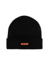 Heron Preston Black Wool Beanie With Folded Cuff And Orange Label In Black