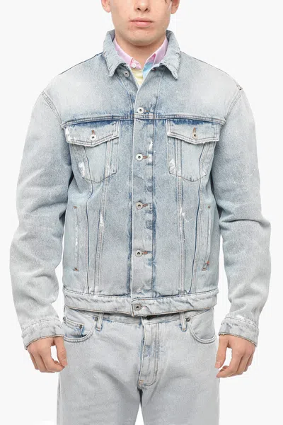 Heron Preston Distressed Denim Jacket With Logo Patch In Blue