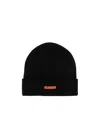 Heron Preston Black Wool Beanie With Folded Cuff And Orange Label In Black