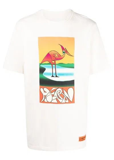 Pre-owned Heron Preston Men's  Abstract Heron Print T-shirt In White/orange In Multi