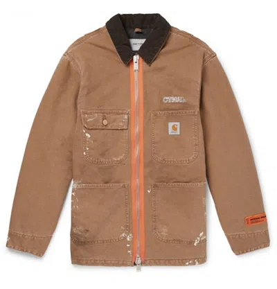 Pre-owned Heron Preston Men's  X Carhartt Oversized Corduroy Collar Canvas Work Jacket In Tan In Brown