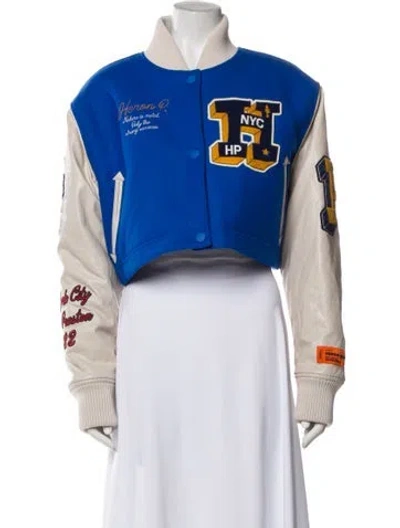 Pre-owned Heron Preston Virgin Wool Colorblock Pattern Bomber Jacket In Blue