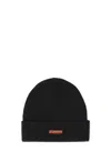 Heron Preston Black Wool Beanie With Folded Cuff And Orange Label In Black