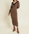 Hers & Mine Animal Print V Neck Midi Sweater Dress In Brown In Brown