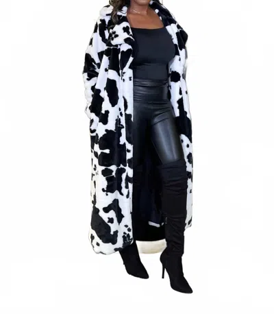 Hers & Mine So Moody Cow Print Maxi Faux Fur Coat In Black/white
