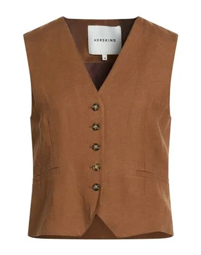 Herskind Woman Tailored Vest Brown Size 10 Viscose, Linen