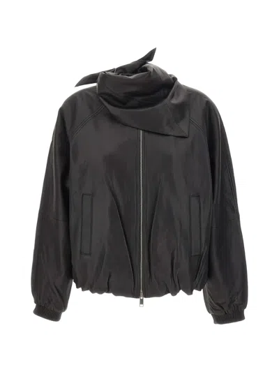 Herskind Yvette Scarf-detail Leather Bomber Jacket In Black