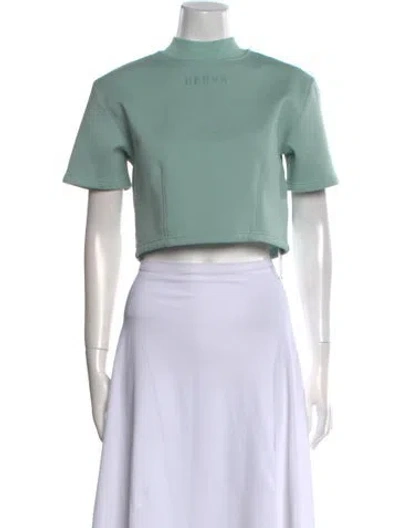 Pre-owned Herve By Herve Leger Mock Neck Short Sleeve Crop Top In Green