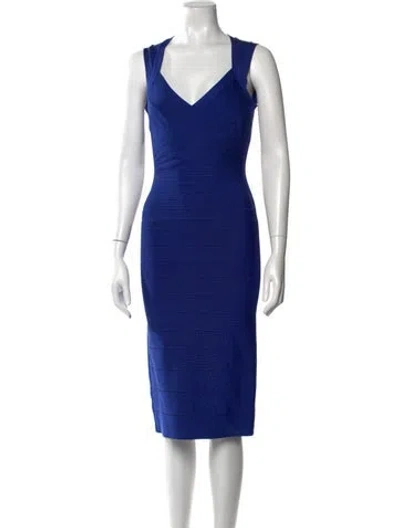 Pre-owned Herve By Herve Leger V-neck Knee-length Dress In Blue