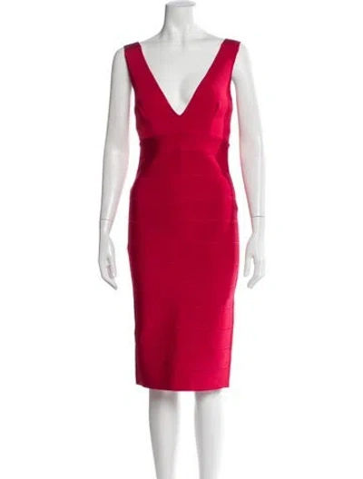 Pre-owned Herve By Herve Leger V-neck Knee-length Dress In Red